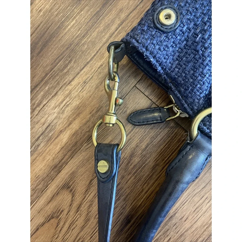 J.CREW Midnight Blue Woven Nylon Leather Trim Turnlock Satchel Shoulder Bag READ